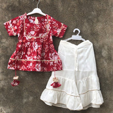 Load image into Gallery viewer, Red Bloom Peplum Cotton Top With White Mul Sharara - Set Of Two
